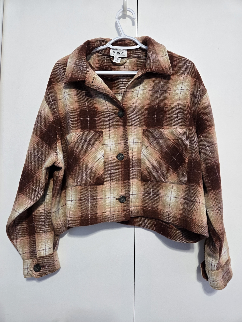For The Republic Plaid Shacket Jacket Women's Large Brown Cropped Button Front